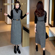 夏典素訂女王（SE.PSTP）時(shí)尚套裝毛呢背心裙秋冬春女長(cháng)款小香風(fēng)打底裙洋氣質(zhì)感連衣裙 灰色套裝(毛衣+灰色裙) 兩件套 L (105-115斤)
