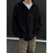 普戈斯灰色美式復古連帽針織衫男款冬季加厚慵懶風(fēng)毛衣重磅內搭衛衣外套 黑色 L