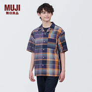 無印良品（MUJI） 男式 馬德拉斯格紋 開領(lǐng)短袖衫 男士襯衫襯衣外套 格子 純棉全棉 深藏青色格紋 L(175/100A)