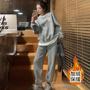S.SOFEA加絨加厚女運(yùn)動套裝秋冬衛(wèi)衣長褲小香風(fēng)兩件套 淺灰色 M
