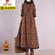 皮爾卡丹（pierre cardin）冬季加絨連衣裙2025新款復古文藝收腰顯瘦加厚碎花棉麻打底a字裙 咖色 L 【建議115-130斤】