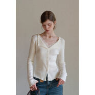 EGGKA法式拼蕾絲木耳邊翻領(lǐng)修身針織衫女顯瘦假兩件上衣E25A80245AF 杏色 均碼