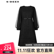 S.DEER圣迪奧女裝圓領(lǐng)收腰網(wǎng)紗泡泡袖毛呢連衣裙S224Z1283 黑色/91 S 160