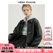 VEGA CHANG機(jī)車風(fēng)皮衣女春秋季2025年韓版bf風(fēng)一字扣PU皮夾克短外套 黑色 S