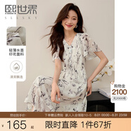 熙世界國風(fēng)水墨印花V領(lǐng)連衣裙女夏季2025新款荷葉袖媽媽雪紡裙子 水墨黑 M