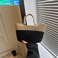 葉余夏季編織棉線(xiàn)復古大容量新款時(shí)尚手提包度假百搭草編單肩沙灘 黑咖拼不帶花9.9 口30高17把長(cháng)15