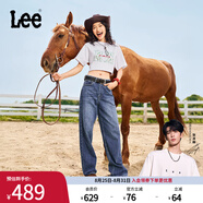 Lee【張凌赫代言】中藍色水洗428懶懶褲高腰女顯瘦寬腿牛仔褲潮流 中藍色1 28