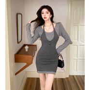 柏歐迪芬奈絲 BORDIFENASI辣妹性感時(shí)尚拼接針織連衣裙24秋冬新款修身包臀打底鉛筆裙 灰色 均碼