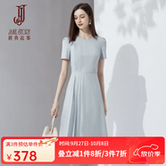 經(jīng)典故事（JANE STORY）2024新款夏季高級感短袖純色大氣廓形裙子高級感收腰顯瘦氣質(zhì)長(cháng)裙 淺灰藍 L