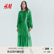 H&M女裝連衣裙2025新款時(shí)尚腰部系帶寬松連身裙緞面大擺裙1299908亮綠色XS 155/80