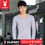 花花公子（PLAYBOY）秋冬季男士加絨純棉打底衫v領(lǐng)長(cháng)袖t恤加厚保暖衣服男白色秋衣體恤 官方店品牌淺灰 薄款 M