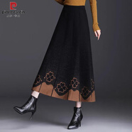 皮爾卡丹（pierre cardin）加厚針織半身裙女秋冬新款中長(cháng)款高腰繡花顯瘦a字裙毛線(xiàn)裙長(cháng)裙冬 四葉草咖色【不起球不掉色】 S 建議85-95斤