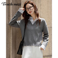 塔馳密司（touchmiss）拼接條紋翻領(lǐng)線衫女25秋季新款氣質(zhì)通勤寬松軟糯針織衫上衣 灰色 M