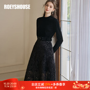 ROEYSHOUSE羅衣高級絲絨拼接網(wǎng)紗連衣裙冬季新款別致立體花大擺裙11475 黑色 M