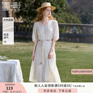香影度假風(fēng)波西米亞白色連衣裙女2025夏裝新款含亞麻收腰v領(lǐng)裙子 米白 S 155/80A/85-95斤