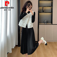 皮爾卡丹（pierre cardin）流蘇馬甲小香風(fēng)黑色連衣裙兩件套女春秋氣質(zhì)名媛百褶長裙子 馬甲+連衣裙 XL