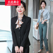 名流都會職業(yè)裝女裝套裝小西裝外套女正裝西服酒店工作服商務氣質工裝 黑色西裝+褲子 L( 建議95-105斤左右)