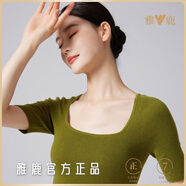雅鹿美麗諾羊毛U領(lǐng)中袖t恤女秋季新款修身針織打底衫女士正肩短袖上衣 萊茵綠色 S