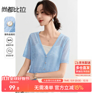 尚都比拉慵懶氛圍奶huhu清爽針織衫女夏季V領(lǐng)短袖開衫上衣 S  藍(lán)色 