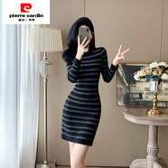 皮爾卡丹（pierre cardin）2025年小香風(fēng)長(cháng)袖條紋針織連衣裙修身包臀裙外穿圓領(lǐng)毛衣打底裙 黑色(條紋) S (80-95斤)