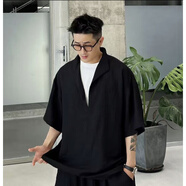 咖德諾陳萬(wàn)叁CHANWS 假兩件老錢(qián)風(fēng)亞麻套裝男2025感襯衫短褲裝 黑色【單上衣】 M 【90-110】
