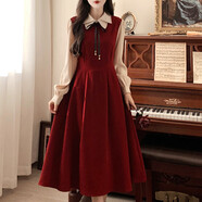 映棠法式復古學(xué)院風(fēng)雙層領(lǐng)紅色連衣裙秋冬大碼赫本風(fēng)假兩件燈芯絨長(cháng)裙 紅色領(lǐng)帶款 M[85-105斤] 均碼