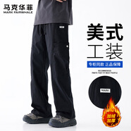 馬克華菲休閑褲男士秋冬工裝闊腿褲美式直筒秋季長(cháng)褲子 黑色加絨 2XL