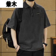 軬木佳澤雨男裝店polo衫男夏季復(fù)古水洗寬松上衣男士潮流刺繡 黑色 L