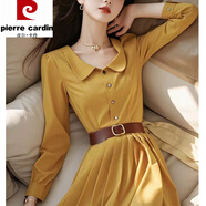 皮爾卡丹（pierre cardin）娃娃領(lǐng)黃色長(cháng)袖襯衫連衣裙女2025新款輕奢感氣質(zhì)收腰顯瘦長(cháng)裙 黃色娃娃領(lǐng) M