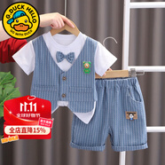 G.DUCKKIDS童裝男童套裝夏季兒童西裝套裝小童夏裝短袖短褲1男寶寶周歲禮服 藍(lán)色【亮燈熊】 100 尺碼2~3歲【 90-100cm】