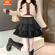 婍妡（Qeeshine）杏色蛋糕裙女春秋季高腰顯瘦小個(gè)子A字防走光短裙百褶蓬蓬半身裙 黑色 含安全褲 S 建議80-斤
