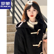 羅蒙（ROMON）牛角扣雙面羊絨大衣女2025秋冬新款小個(gè)子中長(cháng)款寬松連帽毛呢外套 黑色 XS .