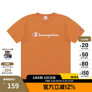 Champion夏季經典款印花草寫LOGO圓領休閑運動T恤無性別冠軍短袖男女情侶 橘色 XL