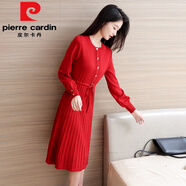 皮爾卡丹（pierre cardin）秋冬款針織連衣裙毛線(xiàn)修身顯瘦過(guò)膝打底中長(cháng)毛衣裙a字燈籠袖女裝 酒紅色 主圖款9149 S