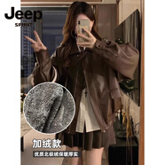 JEEP SPIRIT韓系開(kāi)春小個(gè)子香風(fēng)皮衣短外套女2025早秋季新款情侶裝棒球服夾克 咖色(北極絨款) 加厚 S