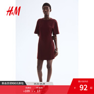 H&M女裝連衣裙2025夏季新款通勤圓領(lǐng)收腰T恤式短袖連身裙1283263 酒紅色 M 165/96
