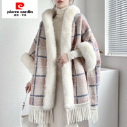 皮爾卡丹（pierre cardin）大碼秋冬帶帽外搭毛絨斗篷披肩連帽格子加厚外套大衣 粉格