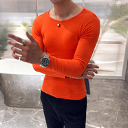 閃爆男士新款修身長(cháng)袖T恤彈力打底衫2025春秋季痞帥潮牌韓版內搭上衣 桔紅色 M