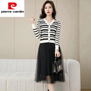 皮爾卡丹（pierre cardin）小香風(fēng)條紋V領(lǐng)針織連衣裙女秋冬新款網(wǎng)紗拼接a字板高腰打底裙氣質(zhì) 白色 S 建議80-95斤