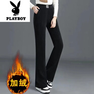 花花公子（PLAYBOY）歐米絨2025秋冬新款女松緊高腰直筒褲加絨加厚寬松垂感條絨闊腿褲 黑色 加絨 M 建議105斤以下