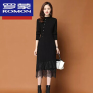 羅蒙（ROMON）加絨加厚針織連衣裙女中長(cháng)款過(guò)膝長(cháng)裙秋冬韓版長(cháng)袖蕾絲打底毛衣裙 黑色 XL 建議115-125斤