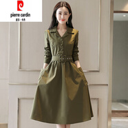 皮爾卡丹（pierre cardin）風(fēng)衣式連衣裙女中長款2025春秋新款修身長袖收腰顯瘦氣質(zhì)襯衫裙子 軍綠色 XL