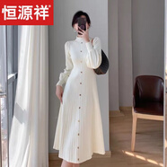 恒源祥春秋冬新款韓國氣質毛衣裙子半高領內搭中長款針織長袖連衣裙女 杏色 S 80-95斤