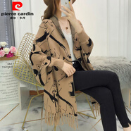 皮爾卡丹披肩外套女秋冬新款斗篷時尚帶袖流蘇外搭圍巾兩用針織開衫蝙蝠式 卡其 80-160斤可穿