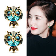 大絨鵝韓版復古貓頭鷹耳釘女氣質(zhì)時(shí)尚仿水晶耳環(huán)女個(gè)性潮人耳飾品 【銀針】復古貓頭鷹藍色
