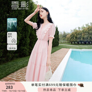 香影氣質(zhì)絕美連衣裙女2025夏季新款蕾絲花邊v領(lǐng)荷葉邊收腰仙女裙 粉紅 L