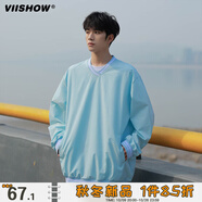 viishow潮牌衛(wèi)衣春秋休閑寬松潮牌拼色V領長袖體恤日系抽繩設計打底衫 天藍 L