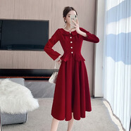 展緣洋氣少女本命年酒紅色小禮服甜美氣質(zhì)娃娃領(lǐng)絲絨連衣裙結(jié)婚敬酒服 酒紅色原版 S
