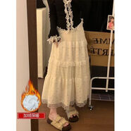 法式秋冬加絨加厚保暖蕾絲蛋糕新款高腰拼接顯瘦半身裙長(cháng)裙 米白色加絨加厚 M  90-105