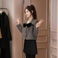 漢卿中夏張媛一同款女士精致設計灰色蝴蝶結短外套冬季時(shí)尚公主風(fēng)上衣 灰色 XL